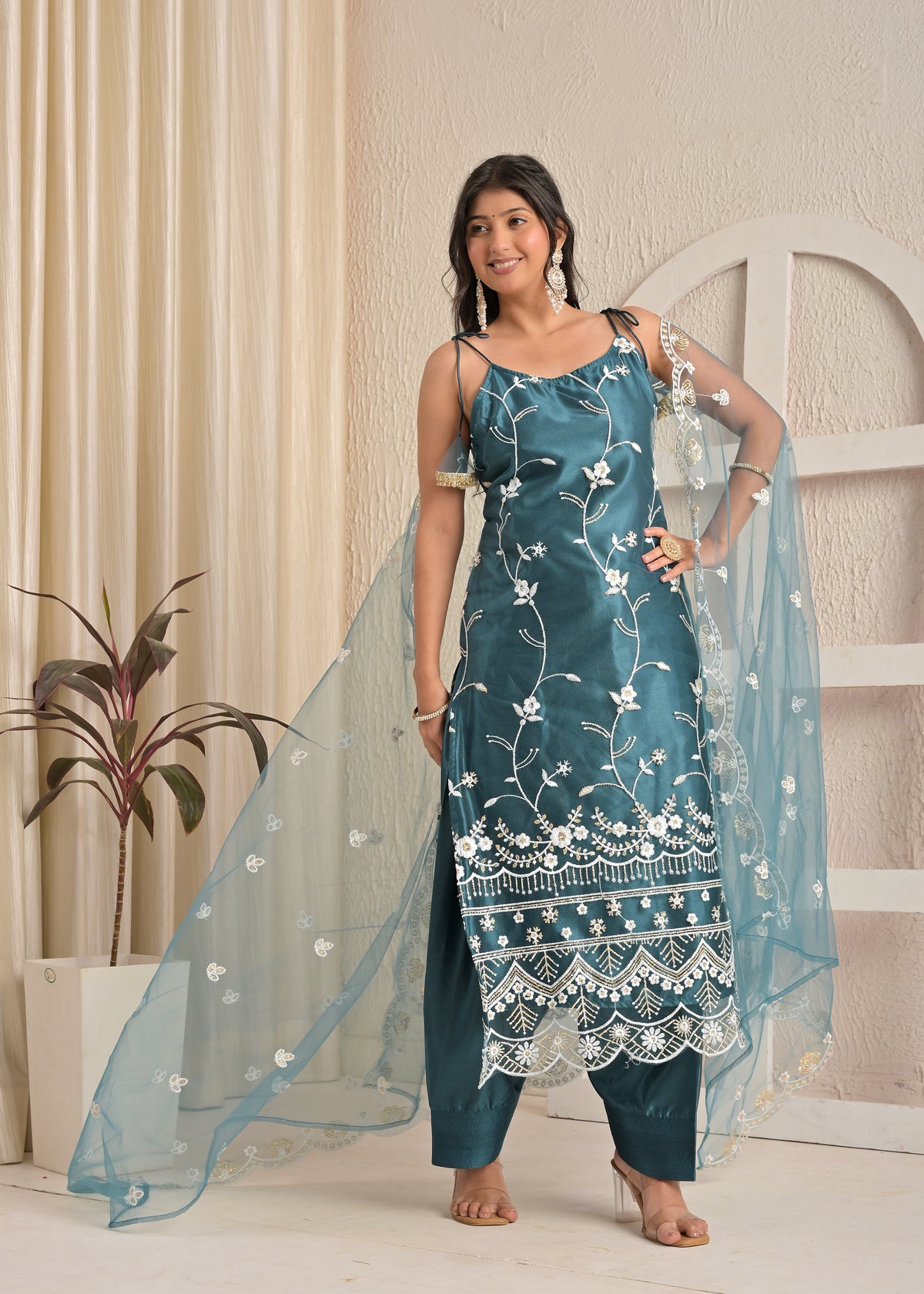 Aqua Bloom Satin Heavy Embroidered Kurta Set with Farsi Salwar and Dupatta