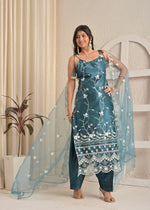 Aqua Bloom Satin Heavy Embroidered Kurta Set with Farsi Salwar and Dupatta