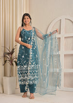 Aqua Bloom Satin Heavy Embroidered Kurta Set with Farsi Salwar and Dupatta