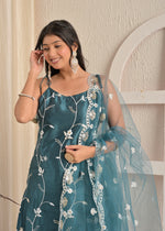 Aqua Bloom Satin Heavy Embroidered Kurta Set with Farsi Salwar and Dupatta