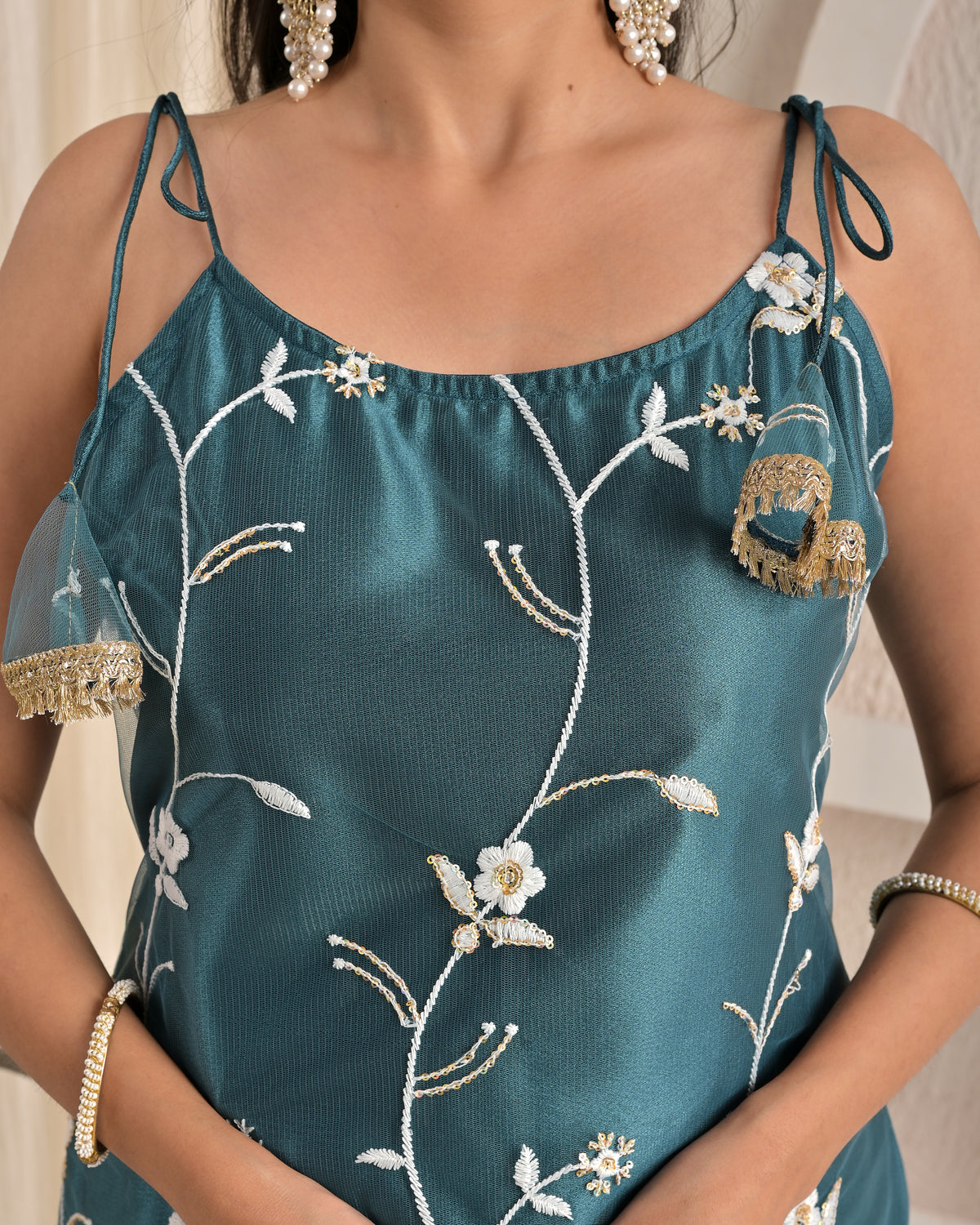 Aqua Bloom Satin Heavy Embroidered Kurta Set with Farsi Salwar and Dupatta