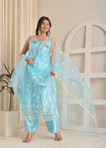 Ice Blue Bloom Satin Heavy Embroidered Kurta Pant Set with Dupatta