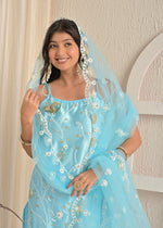 Ice Blue Bloom Satin Heavy Embroidered Kurta Pant Set with Dupatta