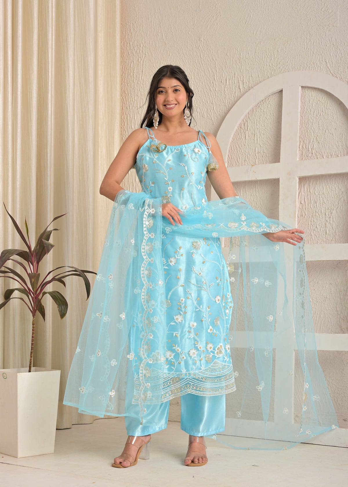 Ice Blue Bloom Satin Heavy Embroidered Kurta Pant Set with Dupatta