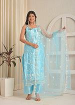 Ice Blue Bloom Satin Heavy Embroidered Kurta Pant Set with Dupatta