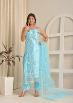 Ice Blue Bloom Satin Heavy Embroidered Kurta Pant Set with Dupatta