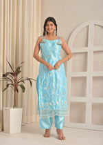 Ice Blue Bloom Satin Heavy Embroidered Kurta Pant Set with Dupatta