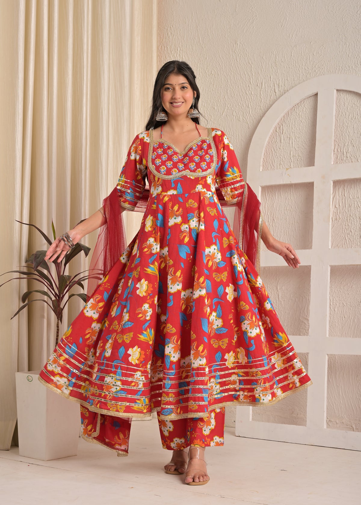 Red Blossom Cotton Printed Anarkali Set with Dupatta