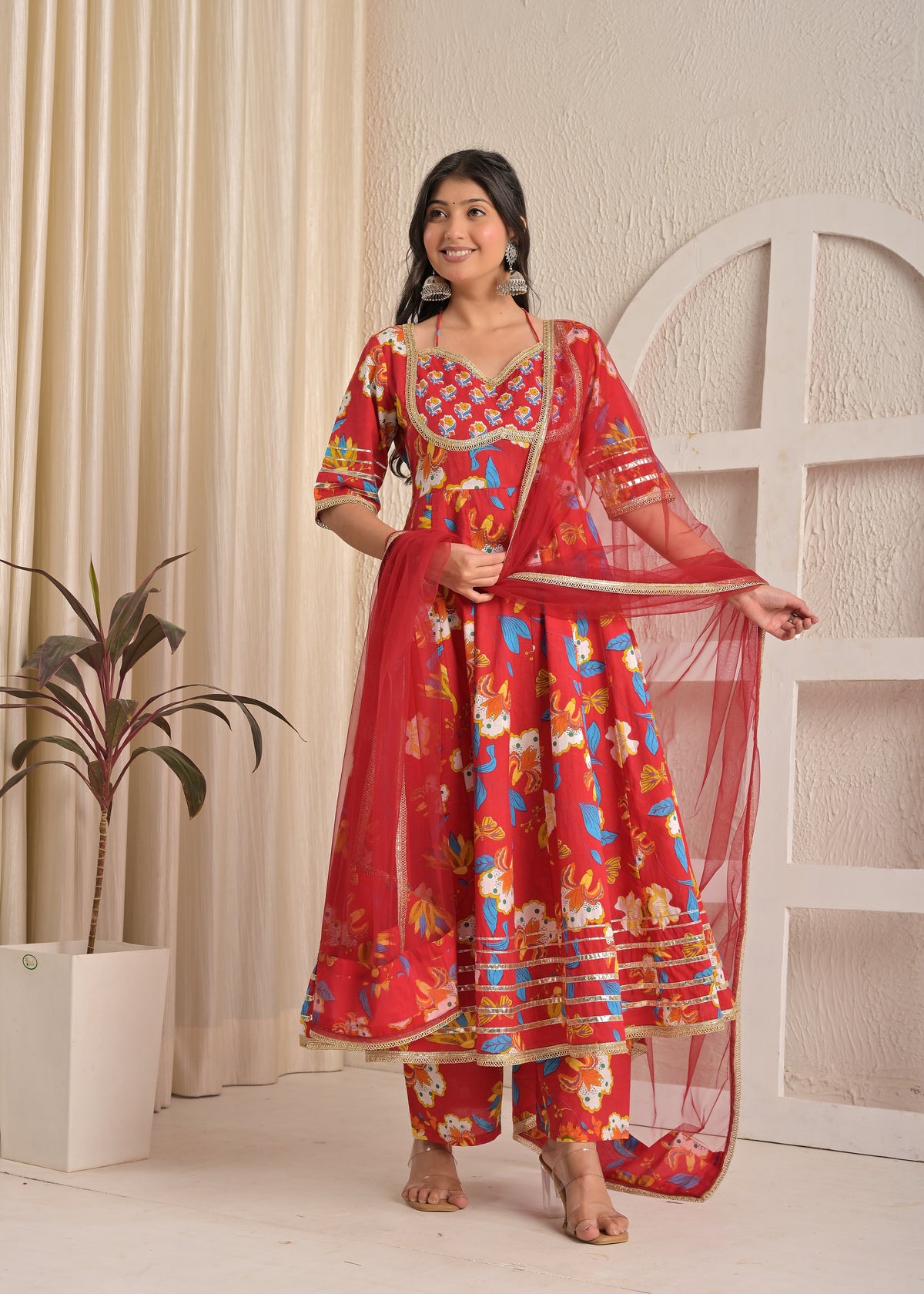 Red Blossom Cotton Printed Anarkali Set with Dupatta