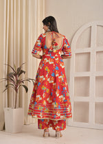 Red Blossom Cotton Printed Anarkali Set with Dupatta