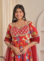 Red Blossom Cotton Printed Anarkali Set with Dupatta
