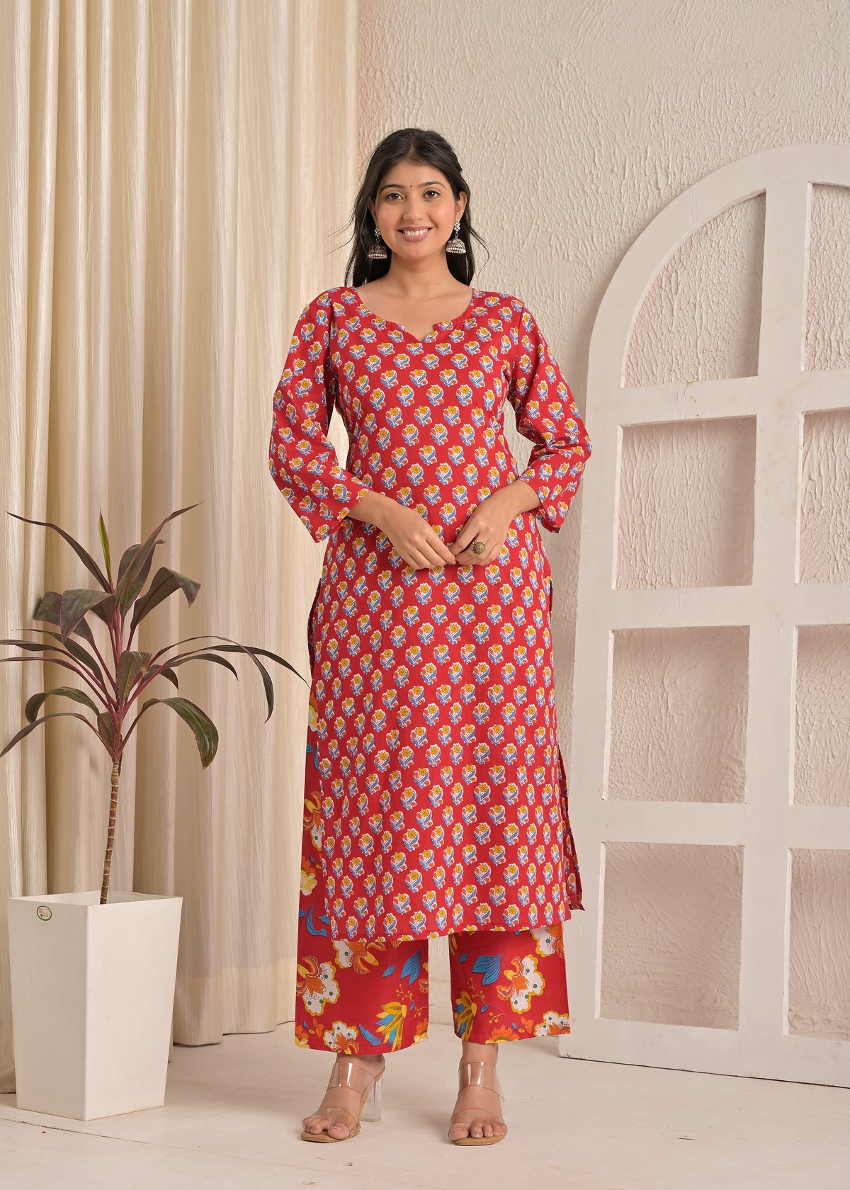 Red Floral Cotton Printed Kurta Set with Net Dupatta