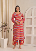 Red Floral Cotton Printed Kurta Set with Net Dupatta