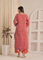 Red Floral Cotton Printed Kurta Set with Net Dupatta