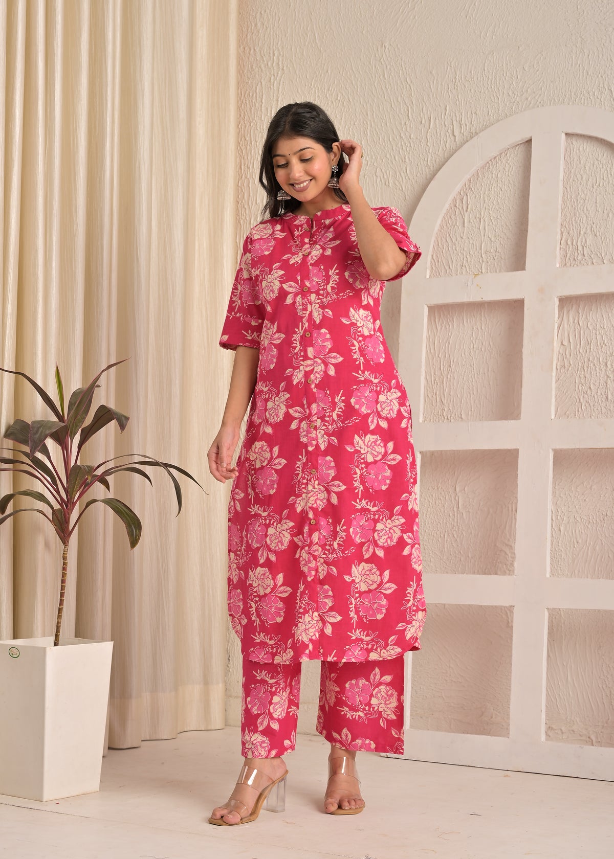 Pink Blossom Floral Printed Cotton Straight Kurta & Pant Set