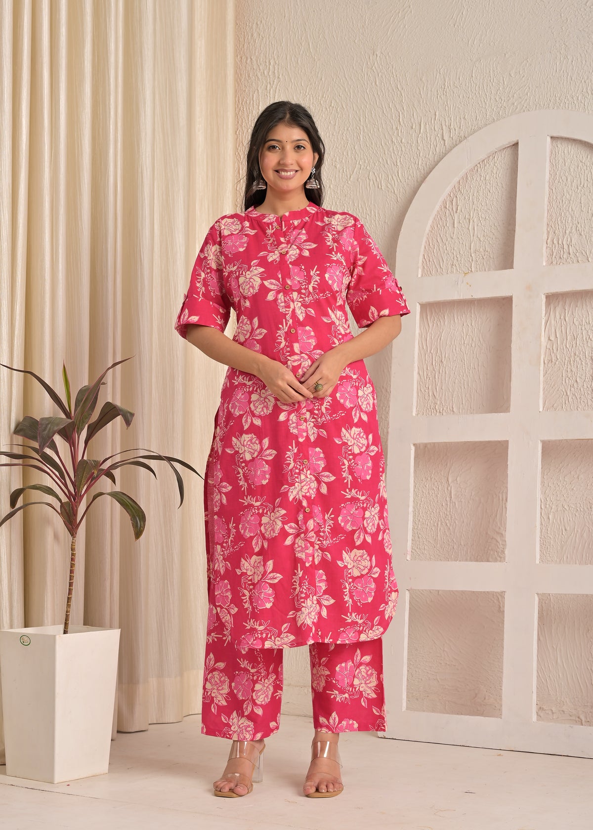 Pink Blossom Floral Printed Cotton Straight Kurta & Pant Set