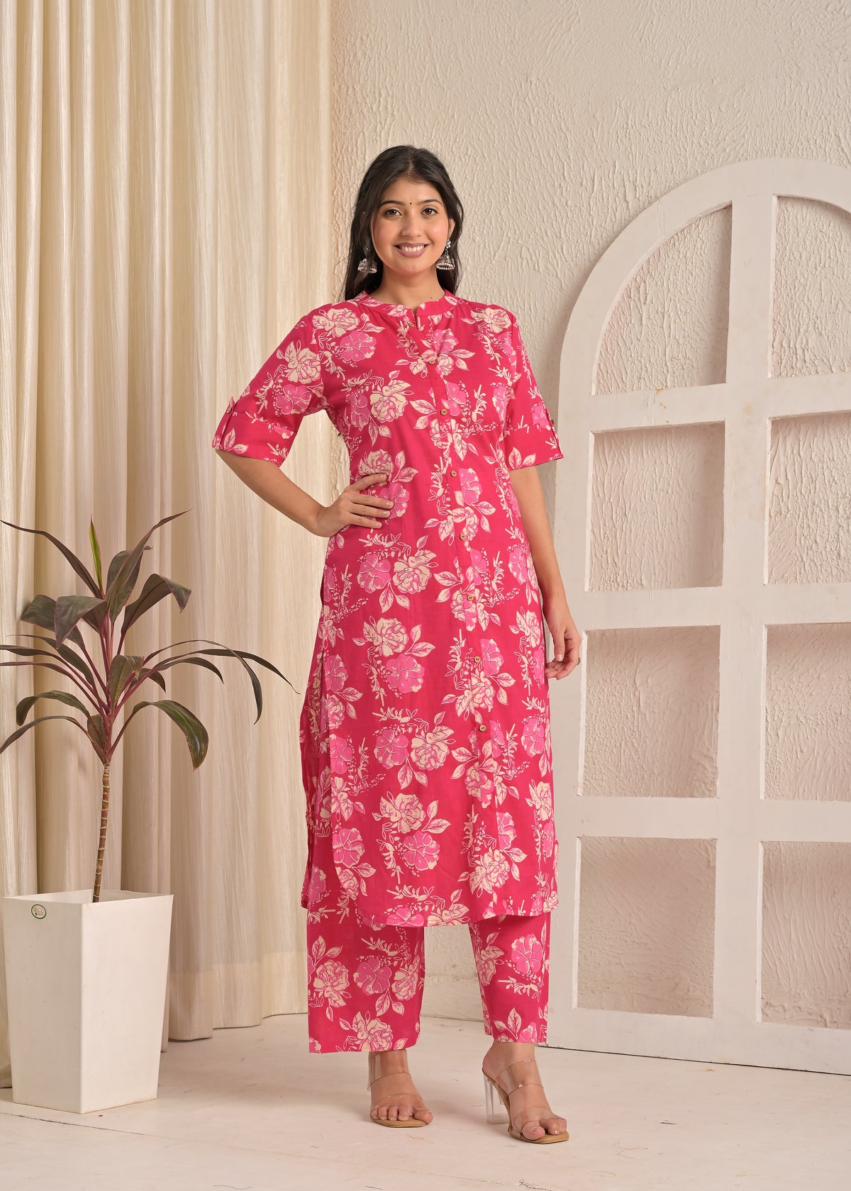 Pink Blossom Floral Printed Cotton Straight Kurta & Pant Set