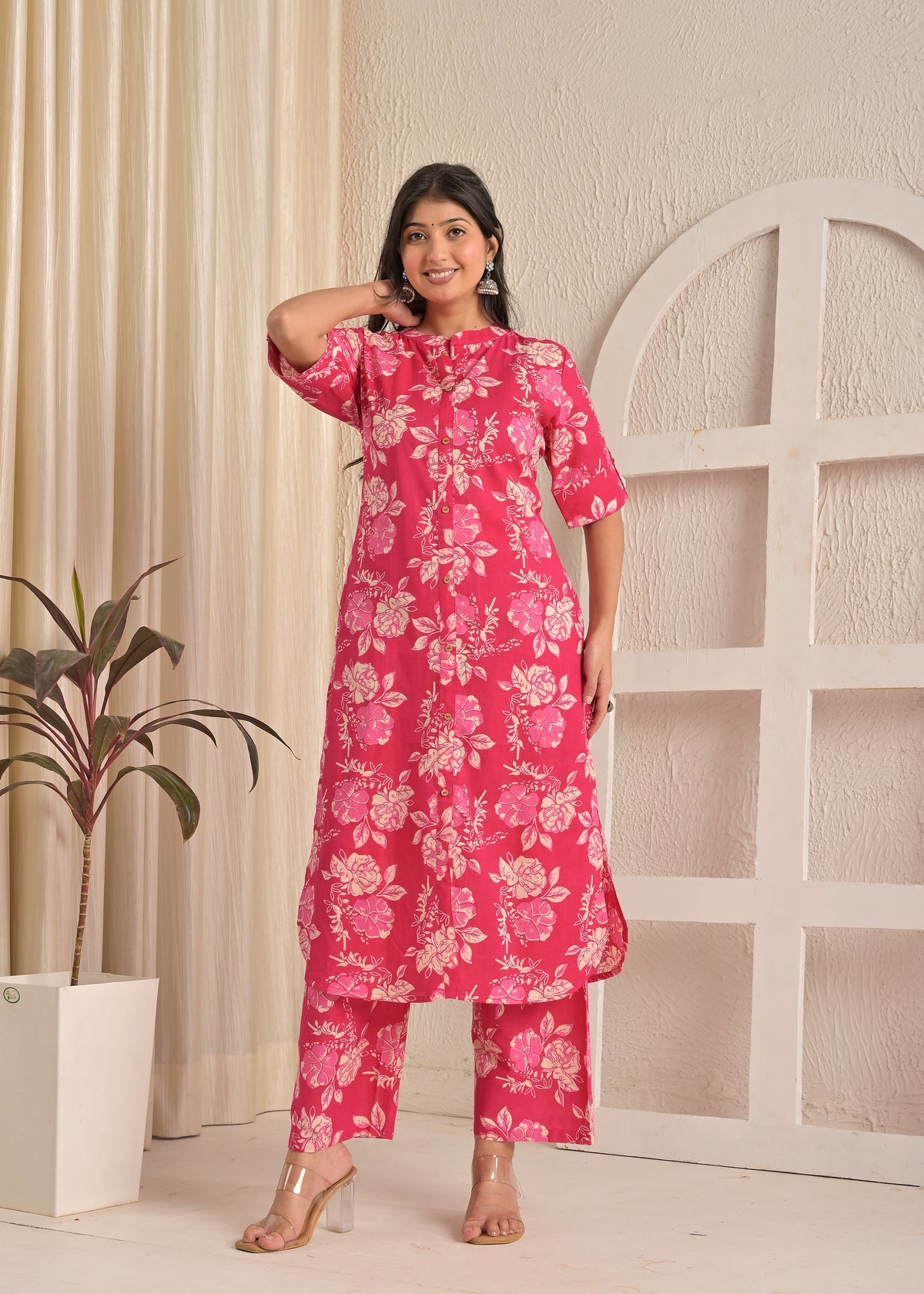 Pink Blossom Floral Printed Cotton Straight Kurta & Pant Set