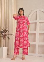 Pink Blossom Floral Printed Cotton Straight Kurta & Pant Set