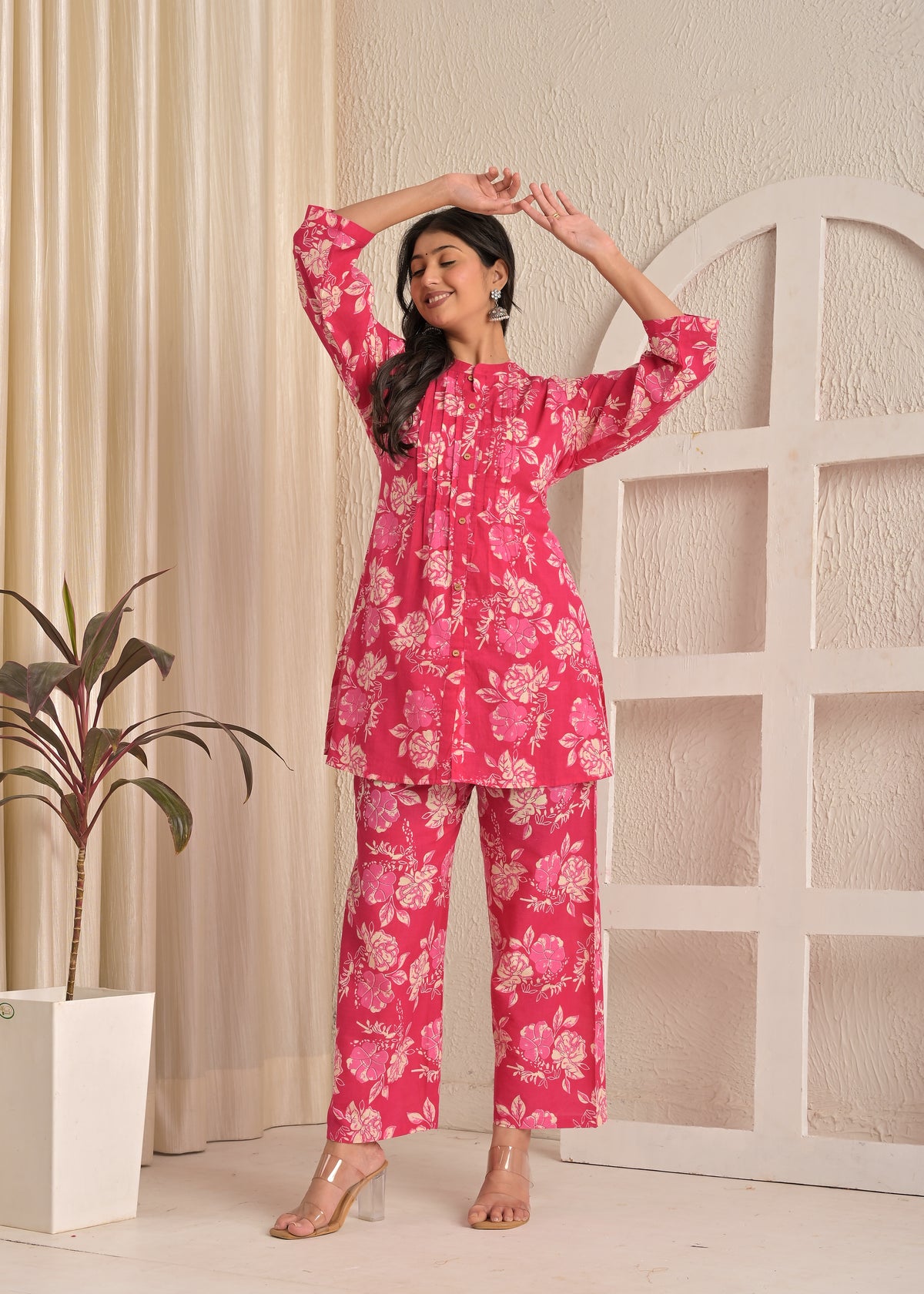 Pink Floral Printed A-Line Comfort Cotton Kurta & Pant Co-Ord Set