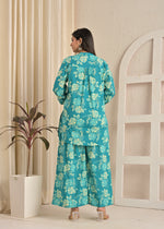 Teal Green Floral Printed A-Line Kurta & Wide-Leg Pant Co-Ord Set