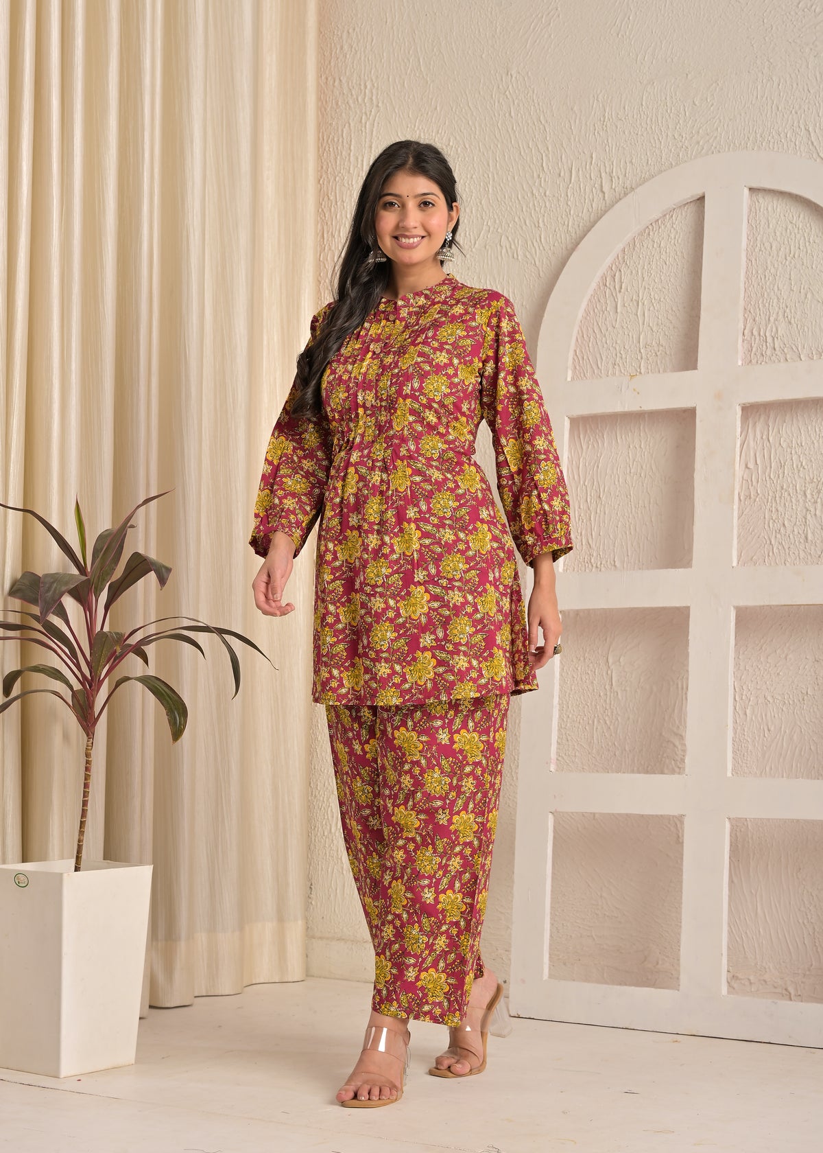 Maroon & Mustard Floral Printed Kurta Pant Co-Ord Set