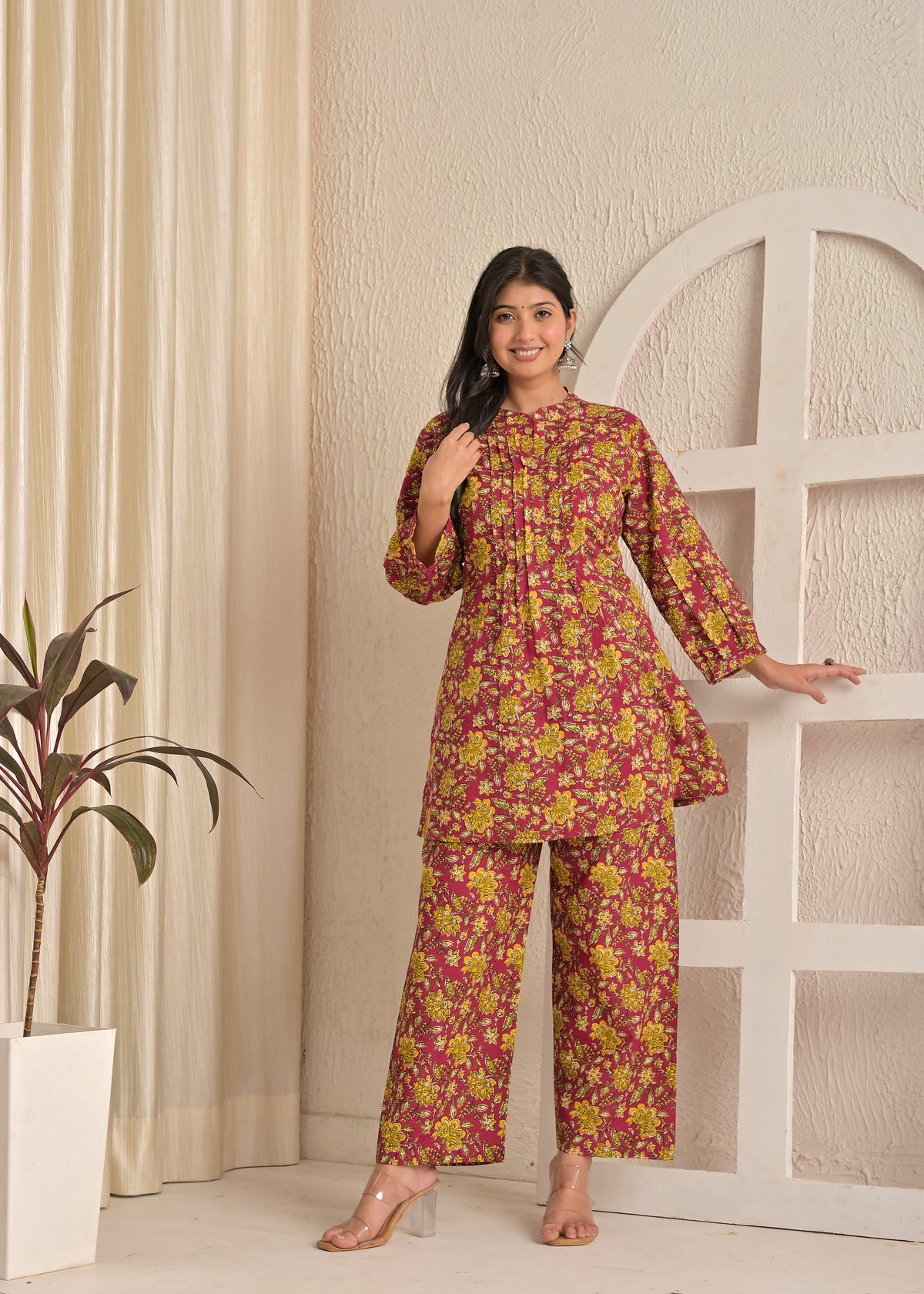 Maroon & Mustard Floral Printed Kurta Pant Co-Ord Set