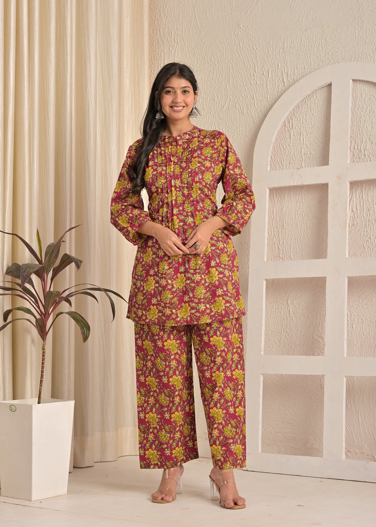 Maroon & Mustard Floral Printed Kurta Pant Co-Ord Set