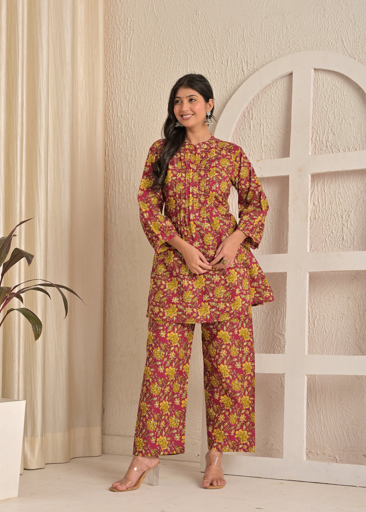 Maroon & Mustard Floral Printed Kurta Pant Co-Ord Set