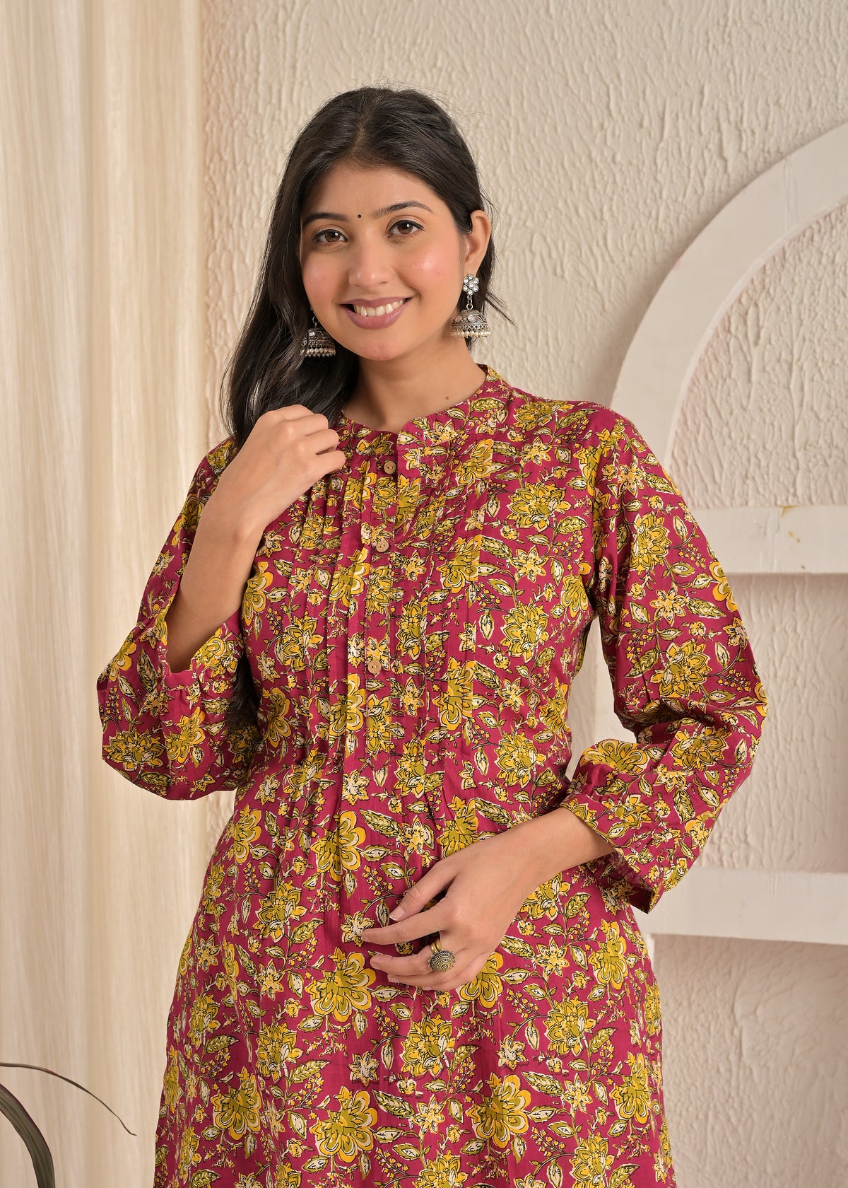 Maroon & Mustard Floral Printed Kurta Pant Co-Ord Set