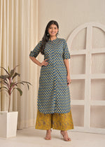 Indigo Cotton Batik Print Long Kurta & Mustard Paisley Palazzo Set