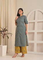 Indigo Cotton Batik Print Long Kurta & Mustard Paisley Palazzo Set