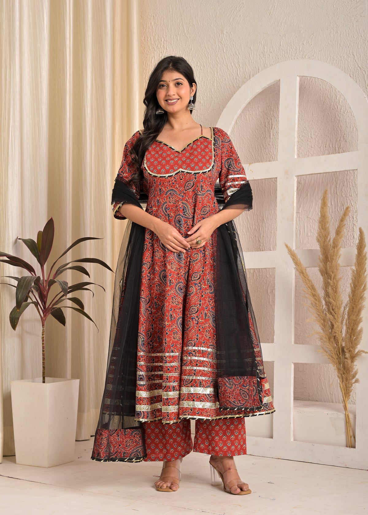 Maroon Paisley Print Cotton Anarkali Kurta Set with Elegant Black Net Dupatta