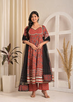 Maroon Paisley Print Cotton Anarkali Kurta Set with Elegant Black Net Dupatta