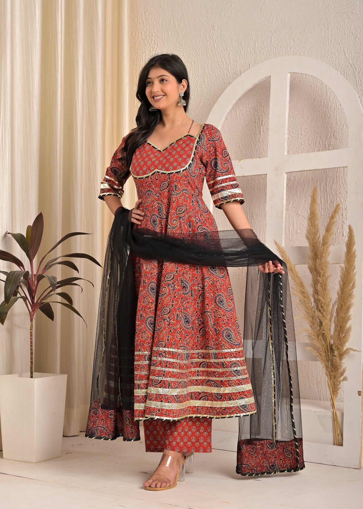 Maroon Paisley Print Cotton Anarkali Kurta Set with Elegant Black Net Dupatta