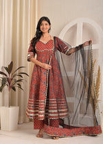 Maroon Paisley Print Cotton Anarkali Kurta Set with Elegant Black Net Dupatta