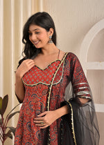 Maroon Paisley Print Cotton Anarkali Kurta Set with Elegant Black Net Dupatta