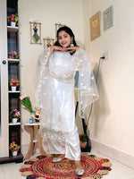 White Bloom Satin Heavy Embroidered Kurta Pant Set with Dupatta