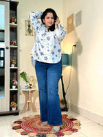 Ivory Blue Blossom Cotton Floral Oversized Shirt