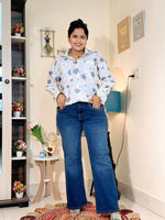 Ivory Blue Blossom Cotton Floral Oversized Shirt