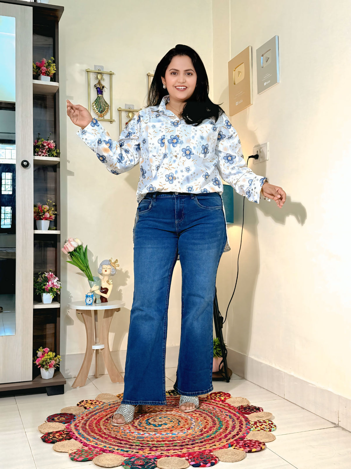 Ivory Blue Blossom Cotton Floral Oversized Shirt