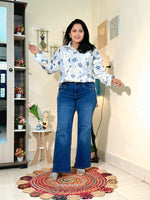 Ivory Blue Blossom Cotton Floral Oversized Shirt