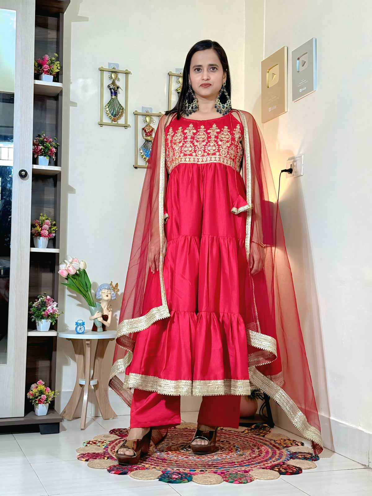 Crimson Red Barlin Heavy Coding Embroidered Kurta Pant Set with Dupatta