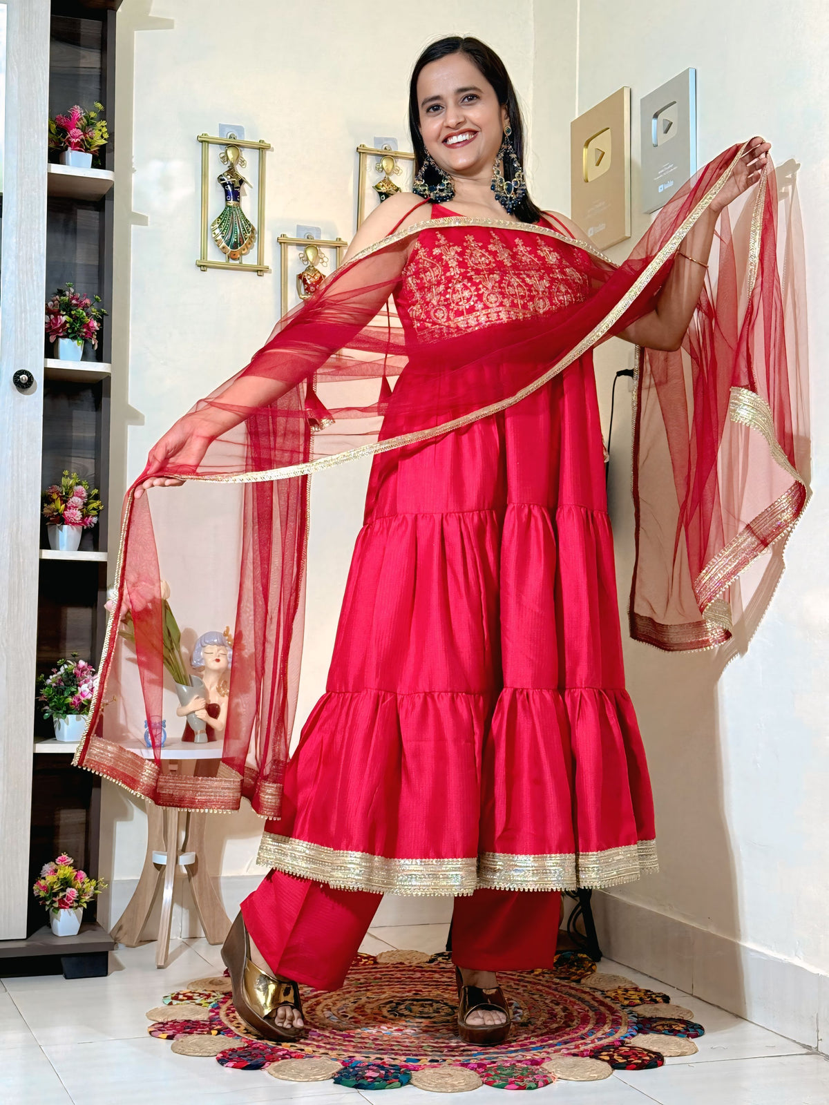 Crimson Red Barlin Heavy Coding Embroidered Kurta Pant Set with Dupatta