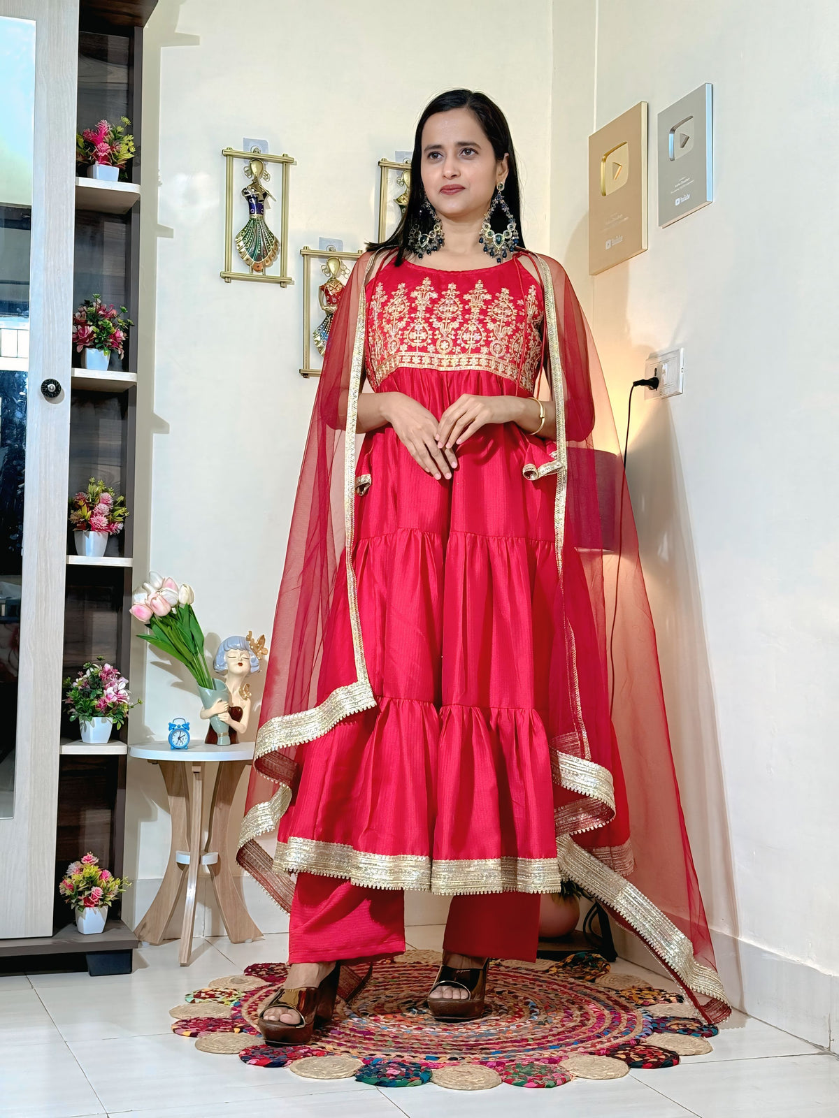 Crimson Red Barlin Heavy Coding Embroidered Kurta Pant Set with Dupatta