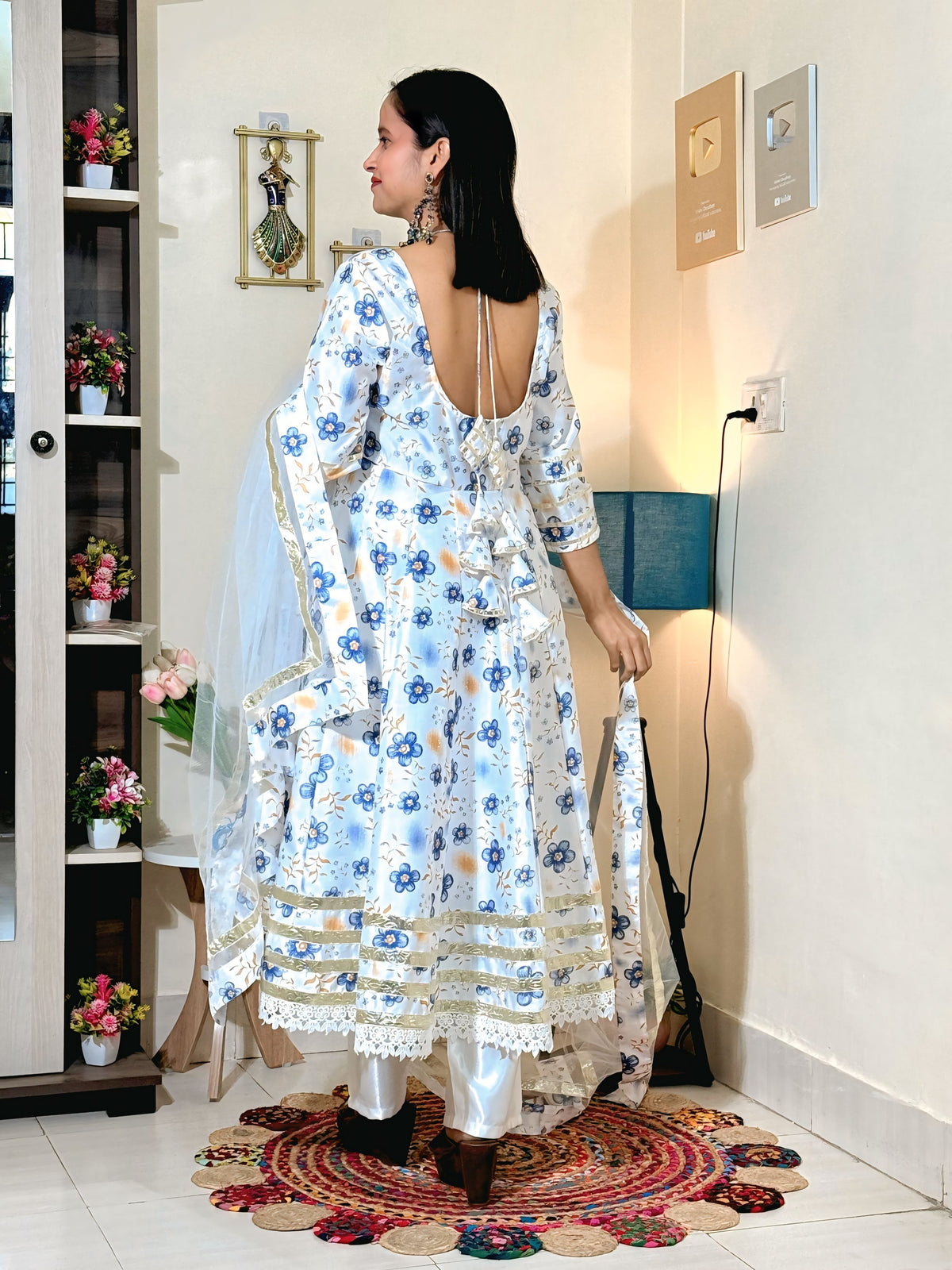 Powder Blue Floral Barlin Foil Print Anarkali Set with Fine Net Dupatta