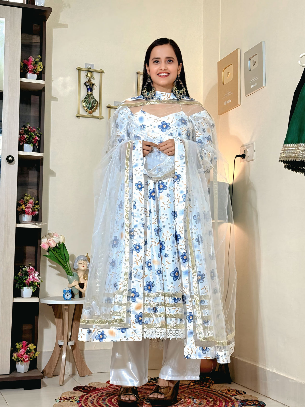 Powder Blue Floral Barlin Foil Print Anarkali Set with Fine Net Dupatta