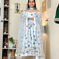 Powder Blue Floral Barlin Foil Print Anarkali Set with Fine Net Dupatta