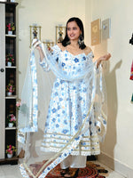 Powder Blue Floral Barlin Foil Print Anarkali Set with Fine Net Dupatta