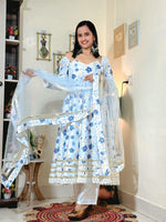 Powder Blue Floral Barlin Foil Print Anarkali Set with Fine Net Dupatta